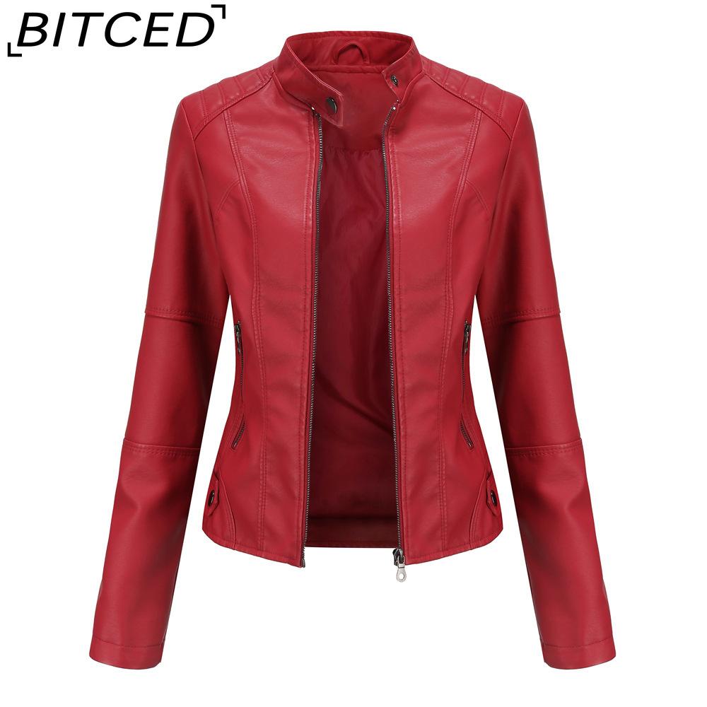 BITCED Women's Slim-Fit Leather Jacket - Lightweight Spring/Autumn Outerwear Motorcycle-Style Oversized Stand Collar Leather Jacket