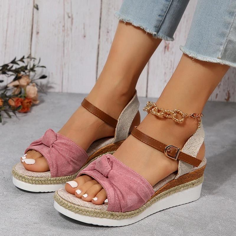 Fashion New Style Pleated Leopard Sandals for Women Buckle Decor High Heel Wedge Sandal Woman Summer Outdoor Platform Sandalias Mujer