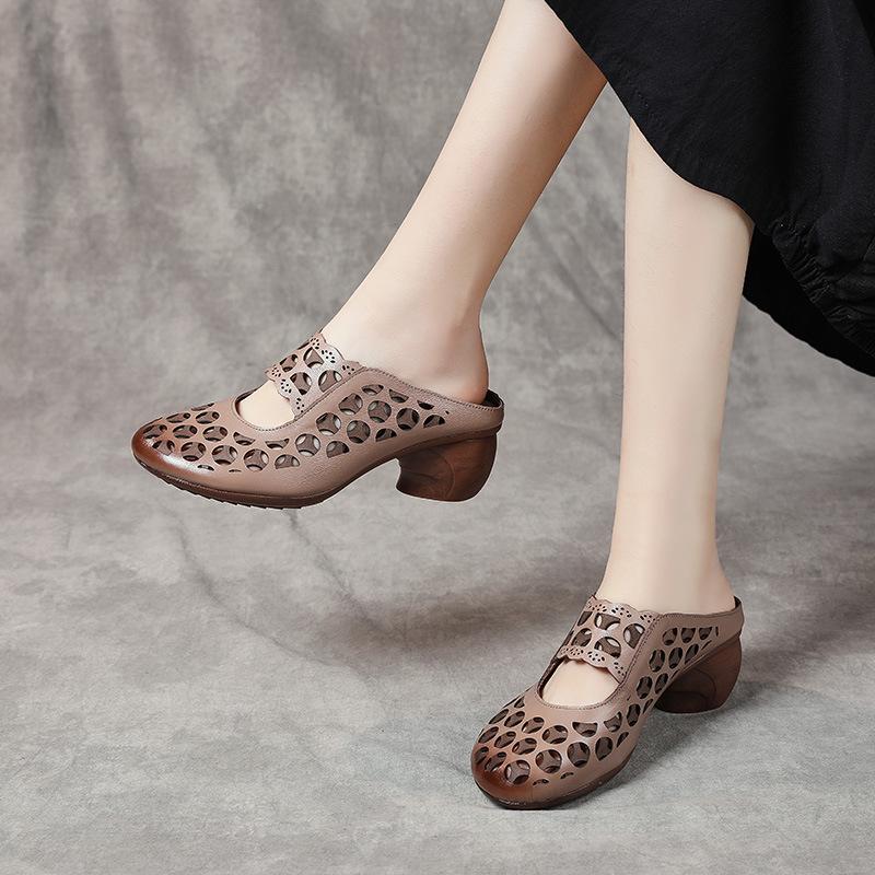 Baotou Women's Genuine Leather Mid-Heel Ethnic Style Slippers - Summer 2025 Hollow Soft Sole Sandals