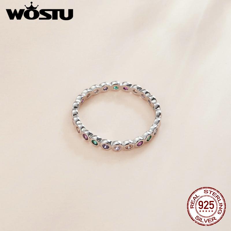 WOSTU 925 Sterlingsølv Fargerike Cubic Zirconia Lucky Rainbow-ringer, stablebar erklæringsring for kvinner for størrelse 6,7,8
