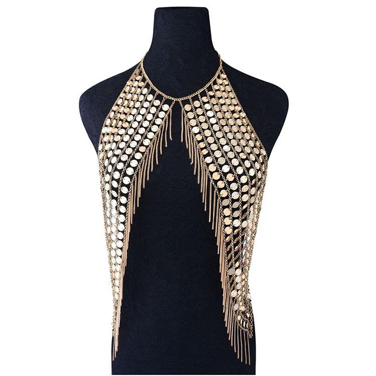 SC Moda Cadena de Sujetador con Lentejuelas Doradas Brillantes Cadena para la Cintura con Borlas Sexy para Club Nocturno Joyería Corporal Hueca para Mujeres