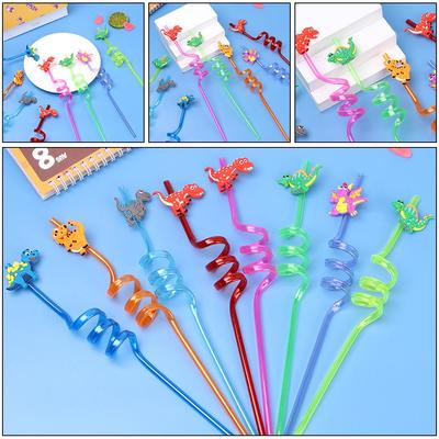 Straw Kids Drinking Decor Straws-Plastic Dinosaur Reusable Straws Cartoon Pattern Dino Theme