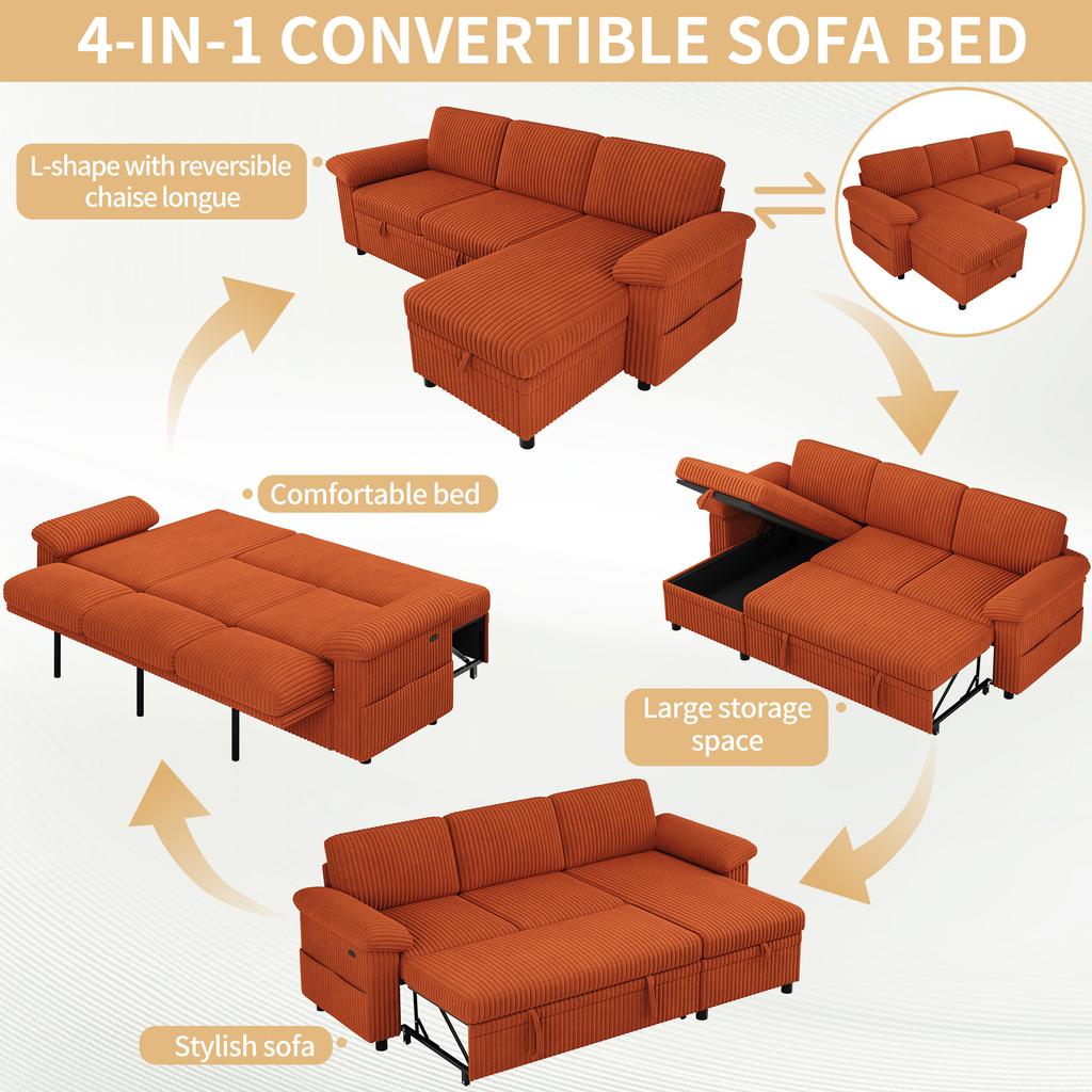 L-Shaped Corner Sofa with Pull-Out Sleep Function; Ottoman with Storage, Left/Right Reversible; Adjustable Backrest; Corduroy Fabric, Orange