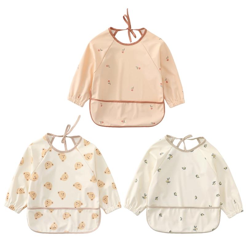 Reusable Waterproof Art Smock for Eating Feeding Drooling Bib Apron with Pocket Baby Toddler Long Sleeved Bibs Scarf