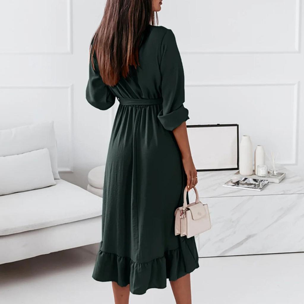 Women's Fashionable Elegant Color V-Neck Ruffle Long Sleeve Dress