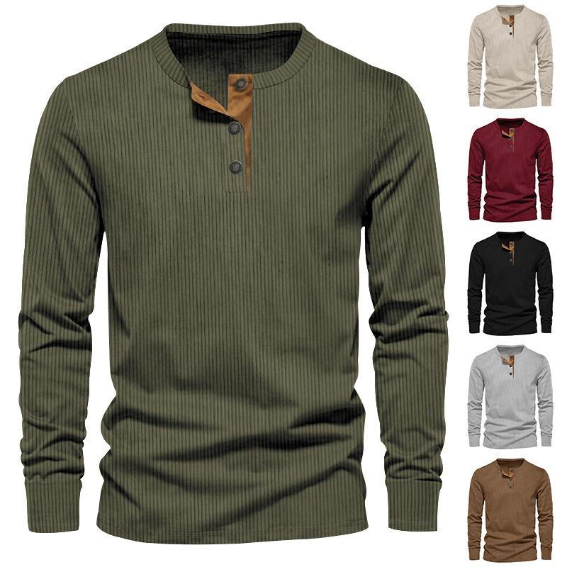 Men Solid Color Slim Fit Casual Corduroy Long Sleeve T Shirt