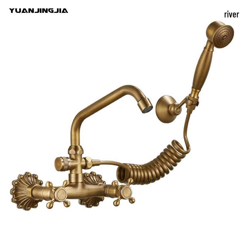 Retro French Copper Wall-Mounted Double Handle Faucet for Kitchen and Balcony.