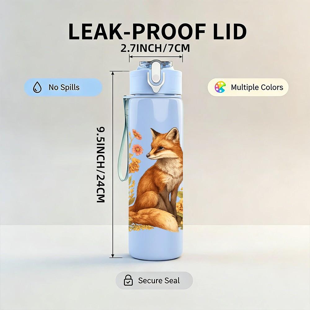 1PC Floral Fox Illustration 750ml Color Plastic Sports Water Bottle Leakproof Flip Straw Lid Suitable for Sports Office Home Use