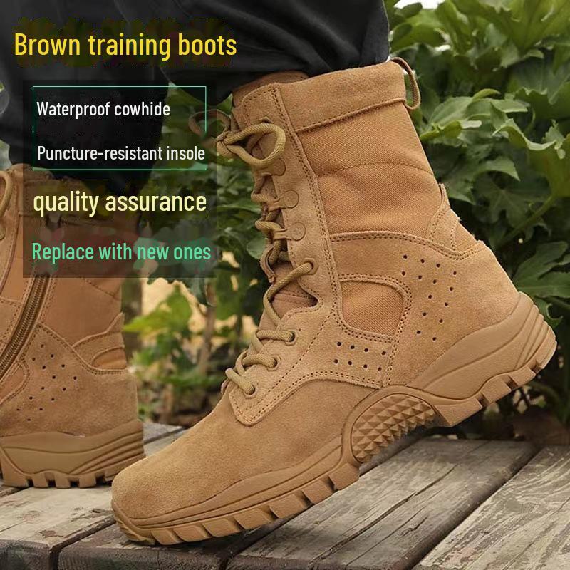 Men's Genuine Brown Leather Waterproof Combat Training Boots with Side Zipper - Sand Color for Outdoor, Mountaineering, and Desert Use.