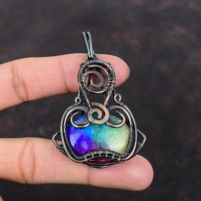 Rainbow Solar Quartz Druzy Pendant Copper Wire Wrapped Pendant Handmade Elegant Jewelry Women Pendant Gemstone Copper Jewelry Gift For Her