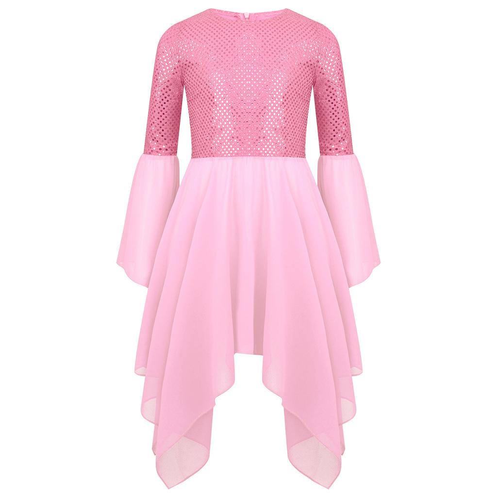 Rochie Dans Liturgic Fete Paiete Strălucitoare Patchwork Gât Rotund Mânecă Clopot Tiv Asimetric Tunică de Performanță