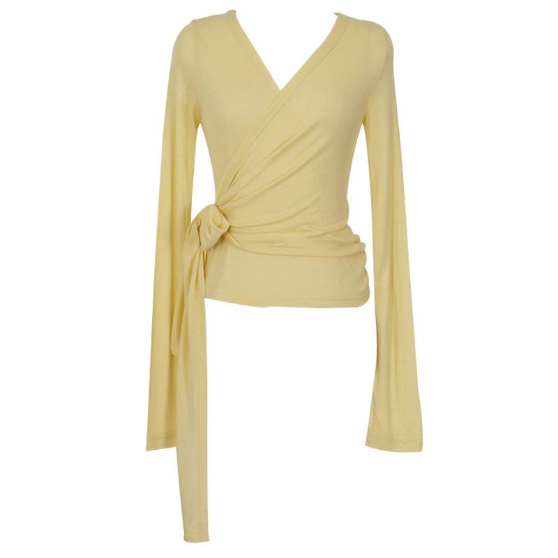 In Stock: Women's Sexy Low-Cut Lace-Up Waist-Cinching Long-Sleeve T-Shirt for Summer - Korean Dongdaemun Style