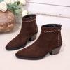 Studded Booties Fashion Pointed Toe Suede Rear Zipper Soft Sole Anti-Slip Wear-Resistant Block Heel Shoes for Women