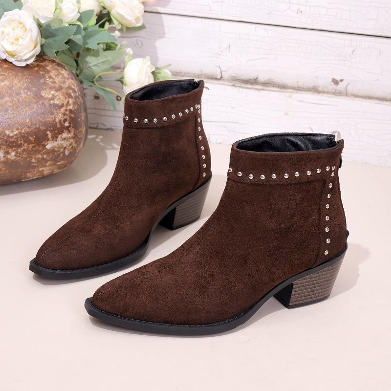

Studded Booties Fashion Pointed Toe Suede Rear Zipper Soft Sole Anti-Slip Wear-Resistant Block Heel Shoes for Women 35 коричневый