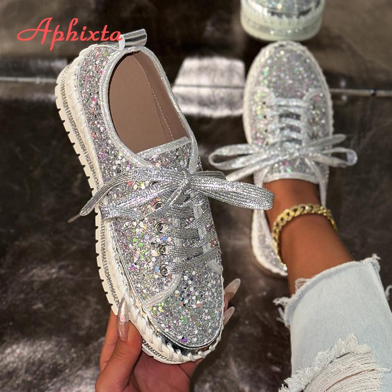 Aphixta 2025 New Sequined Lace Up Shallow Woman Shoes Silver Loafers Spring Woman Shoes Sewing Casual Shoes For Woman