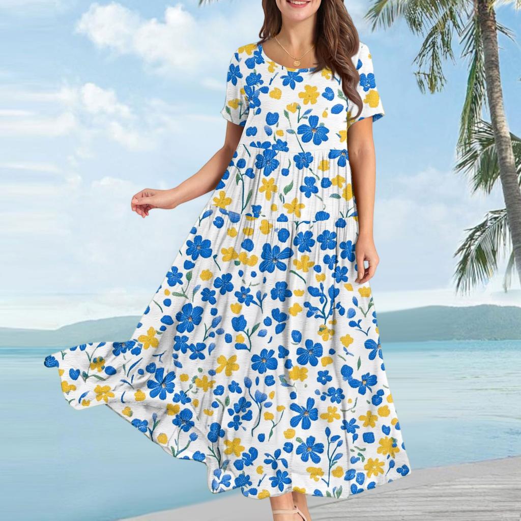 Damen Lässiges Lockeres Böhmisches Kleid mit Blumenmuster und Kurzen Ärmeln