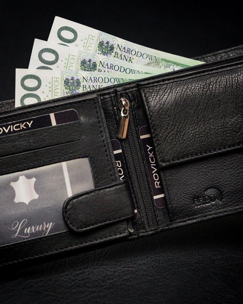 Men's Horizontal Wallet with Zipper Compartment, Genuine Leather, RFID Stop - Rovicky