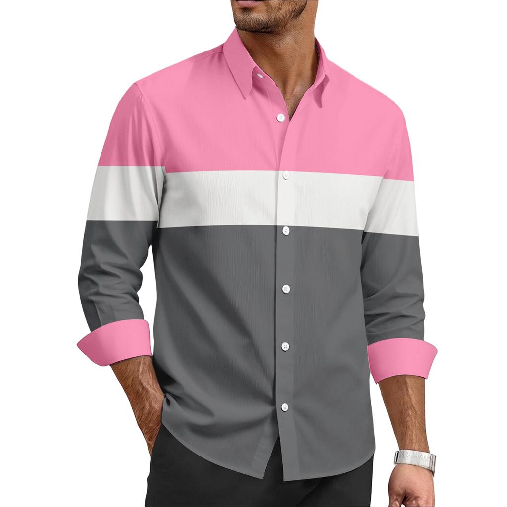 Men's Casual Stylish Striped Printed Shirt - Men's Lapel Buttoned Long-sleeved Shirt
