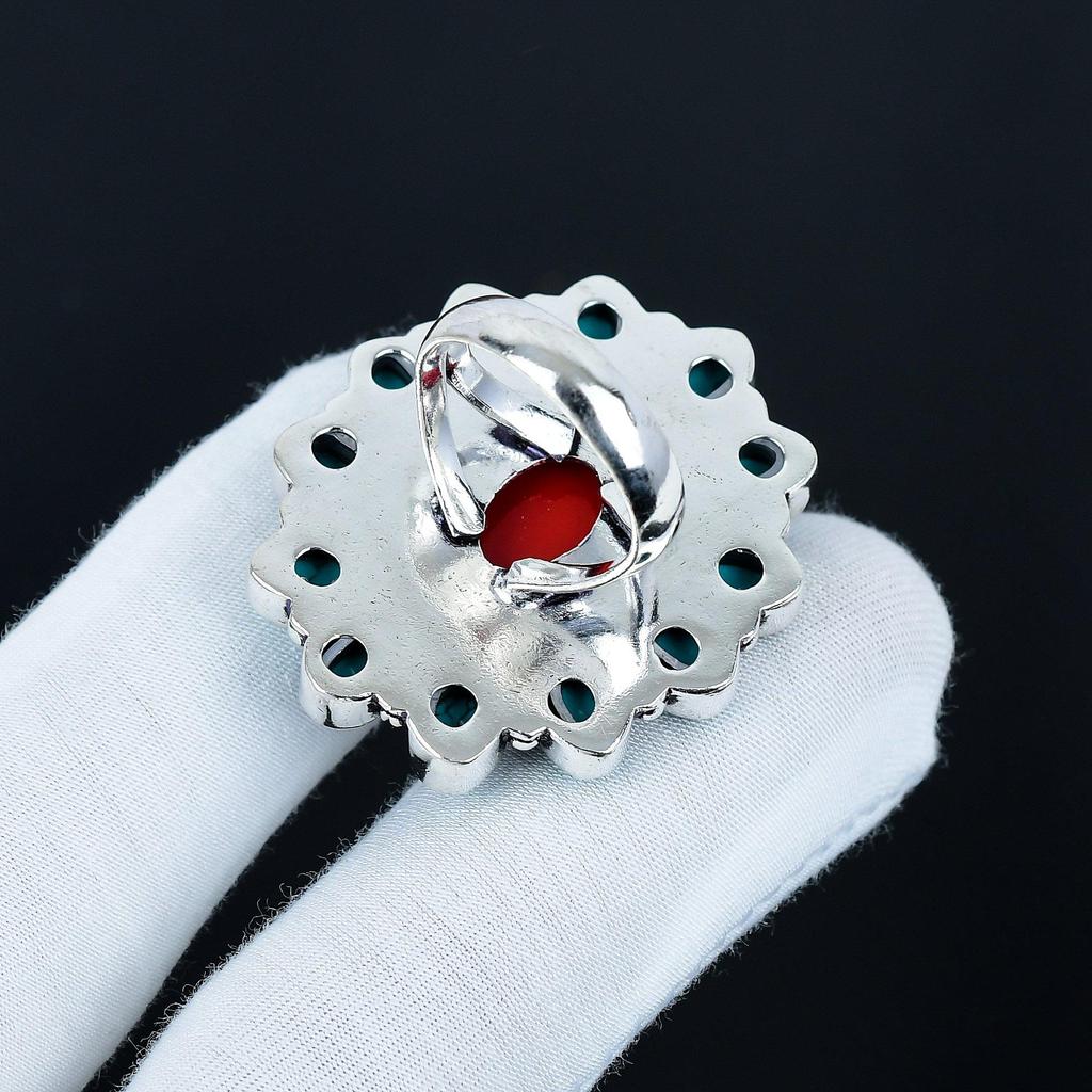 Turkis, Rød Korall Edelstensring, 925 Sterlingsølvring, Gave til henne, Oval Stein, Elegant Håndlaget Ring, Turkis Blomst Sølvring Gave
