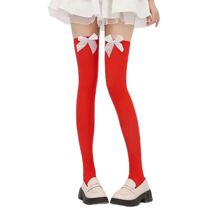 Christmas Thigh High Stockings Over the Knee Socks Halloween Cosplay Costumes for Womens Red Thigh High Socks with Bows