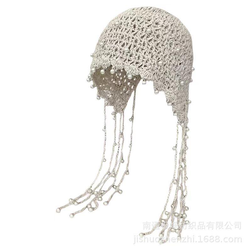 

Путешествия Ручная Вязаная Шапка Жемчужная Кисточка Ажурная Шапка Принцессы Дышащая Шляпа-Колпак Женский Этнический Стиль Ажурный Дизайн 56-58cm