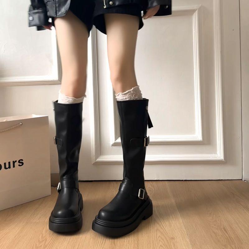 Platform Boots Women's Knee Boots 2025 New Spring and Autumn Retro Belt Buckle Small Tall Knight Boots