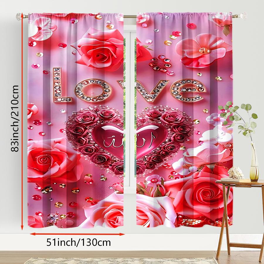 2PCS Pink Purple 'LOVE' Rose Curtains   Confession Style   Valentine's Day   Bedroom Living Room   Pull up Pocket Style