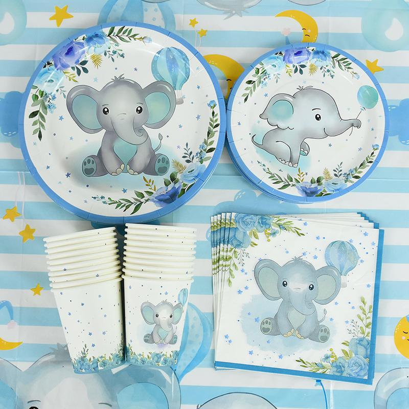 Blue Baby Elephant Disposable Tableware Set Paper Plate Cup Napkin Kids Boys 1st Birthday Party Decoration Baby Shower Supplies