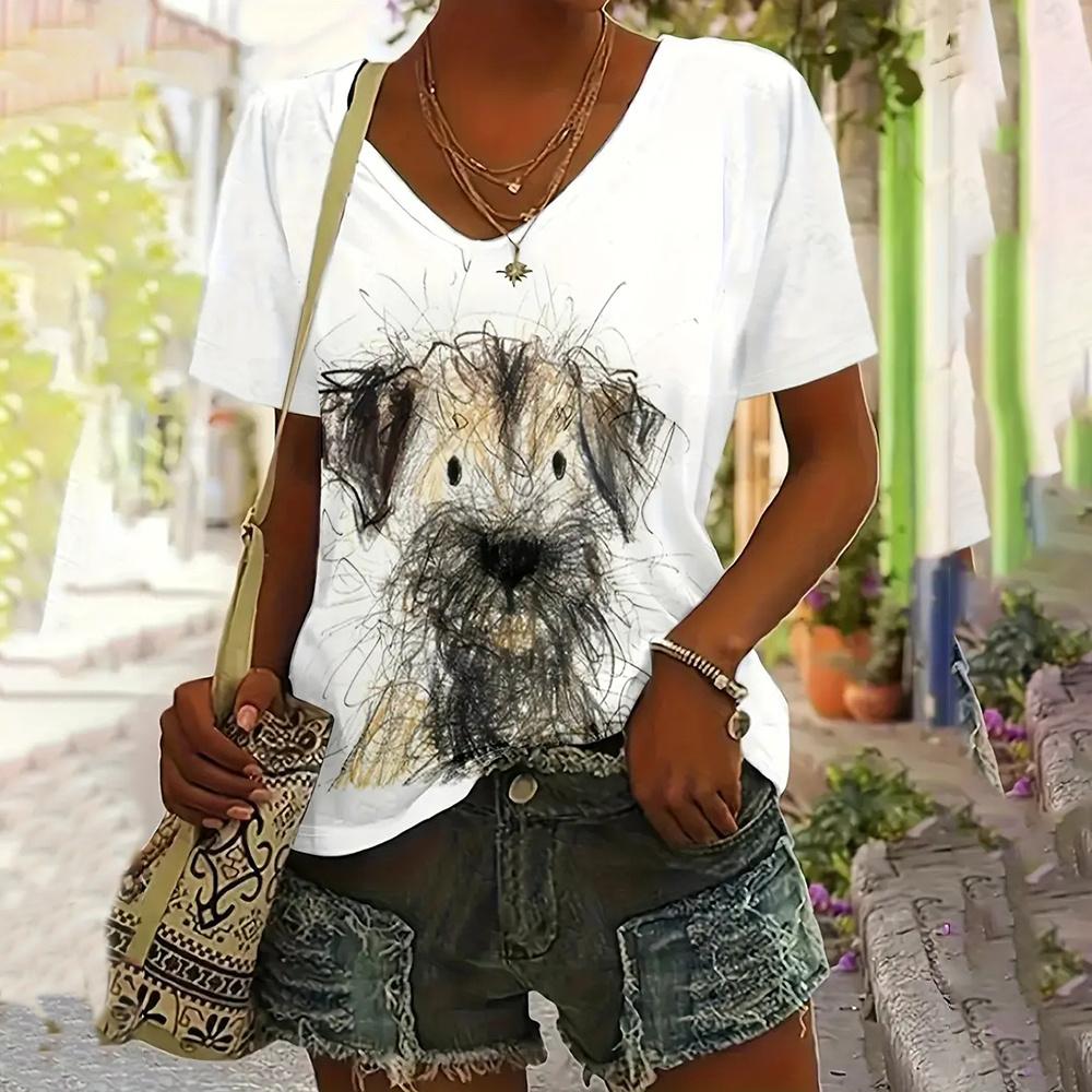 

Женская футболка Повседневная футболка с коротким рукавом Милая собака 3D Принт Футболки Летняя мода Уличная одежда Футболки с V-образным вырезом XL