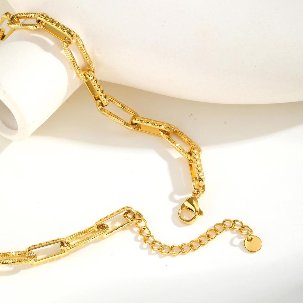 Jewelry Stainless Steel Embossed Rectangle Handmade Chain Gold Necklace Ladies 2259