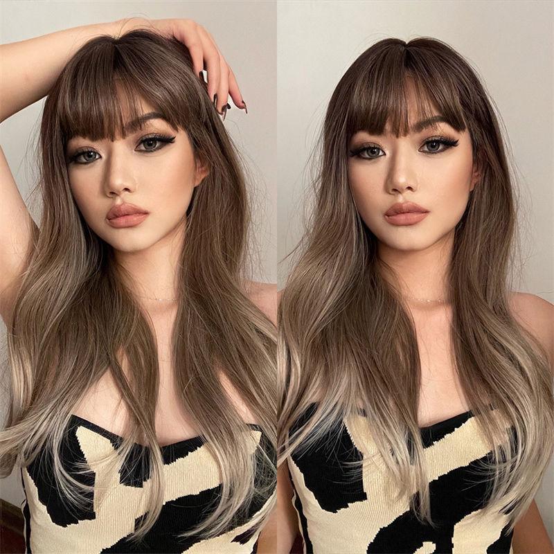 Cover Bangs Gradient Gray Long Silk Wigs High Temperature Chemical Fiber Wig Head Straight Hair