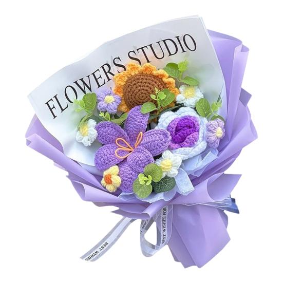 Crochet Flower Bouquet Handmade Knitted Cotton Thread Flowers Artificial Sunflower Wildflower Bouquet for Valentine's Day Anniversary Birthday