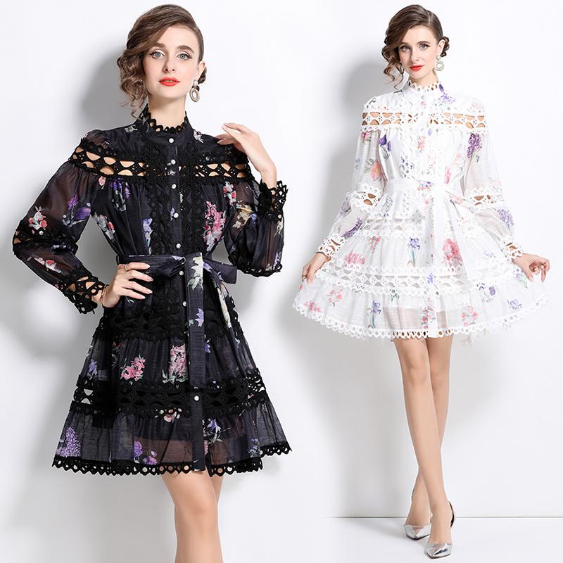 Printemps Automne Femmes Vintage Col Montant Imprimé Dentelle Patchwork Mini Robes De Soirée Courtes