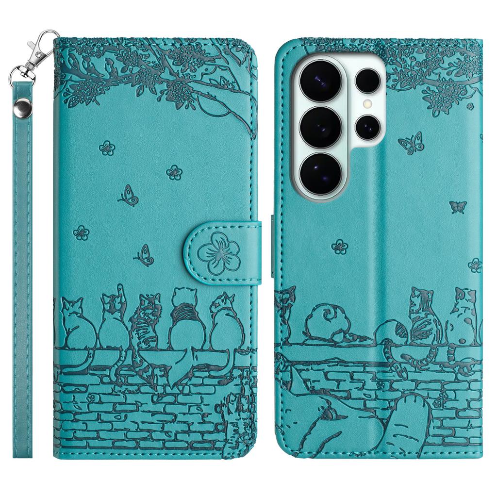 For Samsung Galaxy S26 Ultra Case with Wrist Strap Leather Phone Cover Wall Cats Pattern