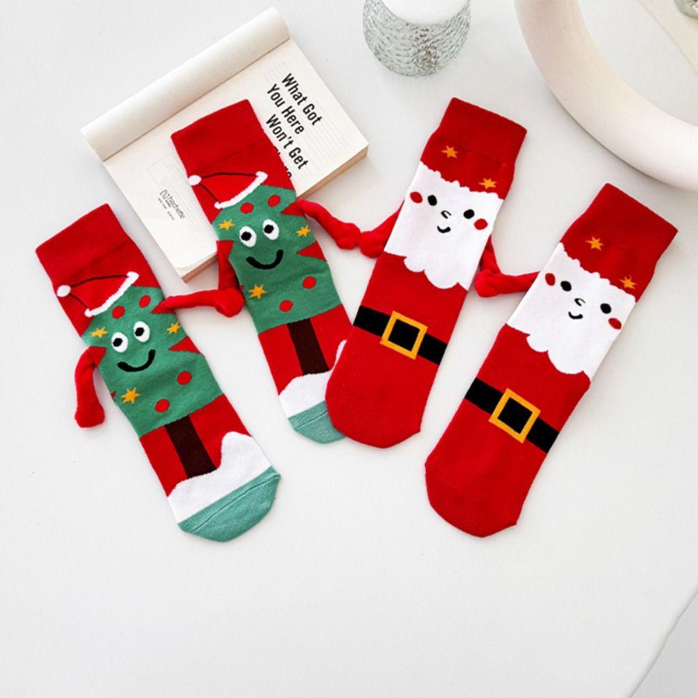 2Pairs Magnetic Christmas Socks Tree Cotton Mid-calf Sock Fashion Hand in Hand Socks  Couples