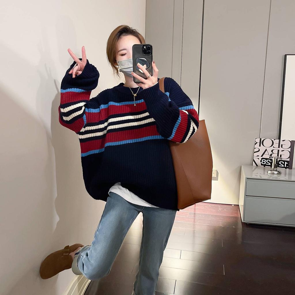 Damen Rot Gestreifter Strickpullover Top Herbst Winter Locker Weich Colorblock Nischendesign