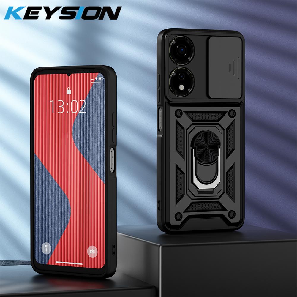 KEYSION Shockproof Armor Case for Itel P55 5G Silicone+PC Slide Camera Lens Protection Ring Stand Phone Cover for Itel P55 5G