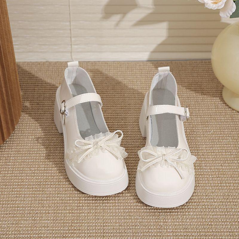 Bow Thick Mary Jane Single Shoes Women's 2025 Summer New Height Increase French Versatile High Heel Small Leather Shoes Women