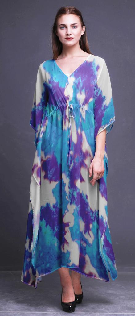 Bimba Purplish Blue Ombre Tie-Dye Ladies Kaftan Holiday Loungewear Maxi Dress Beach