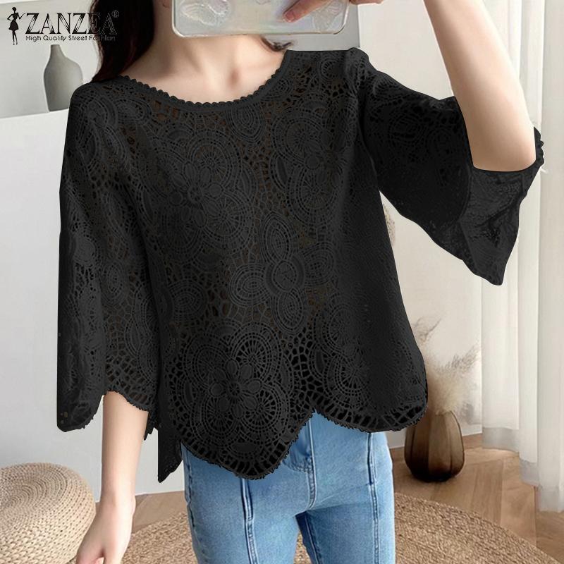 ZANZEA Women Summer Casual 3/4 Sleeve Loose Hollow Out Lace Crochet Blouse