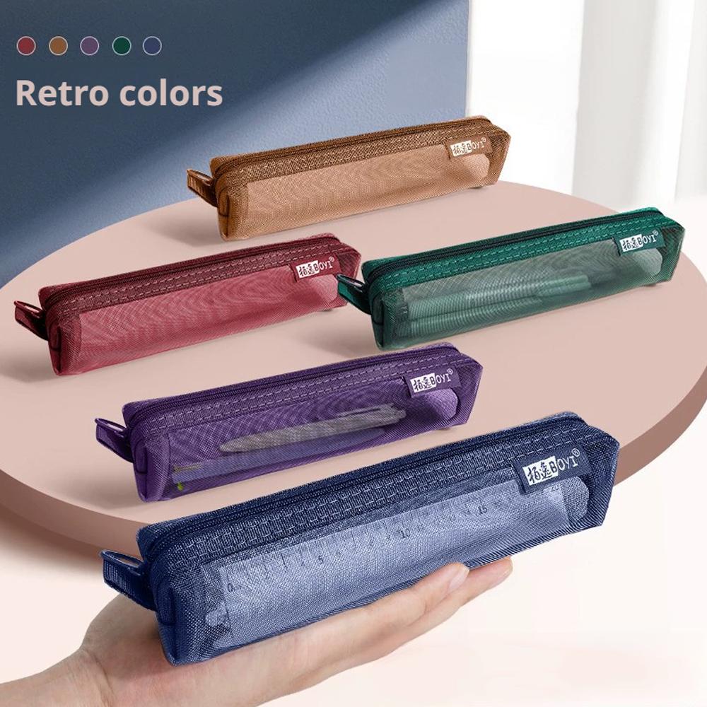 Student Mesh Transparent Pencil Case Simple Solid Color Unisex Stationery Office School Supplies With Protable Zipper