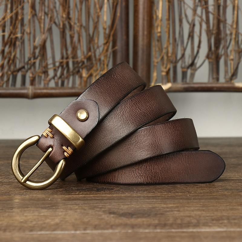 New Retro Pleated Korean Version Fashionable Versatile Women'S Belt Women'S Copper Buckle Genuine Leather Cowhide Jeans Belt Women'S
