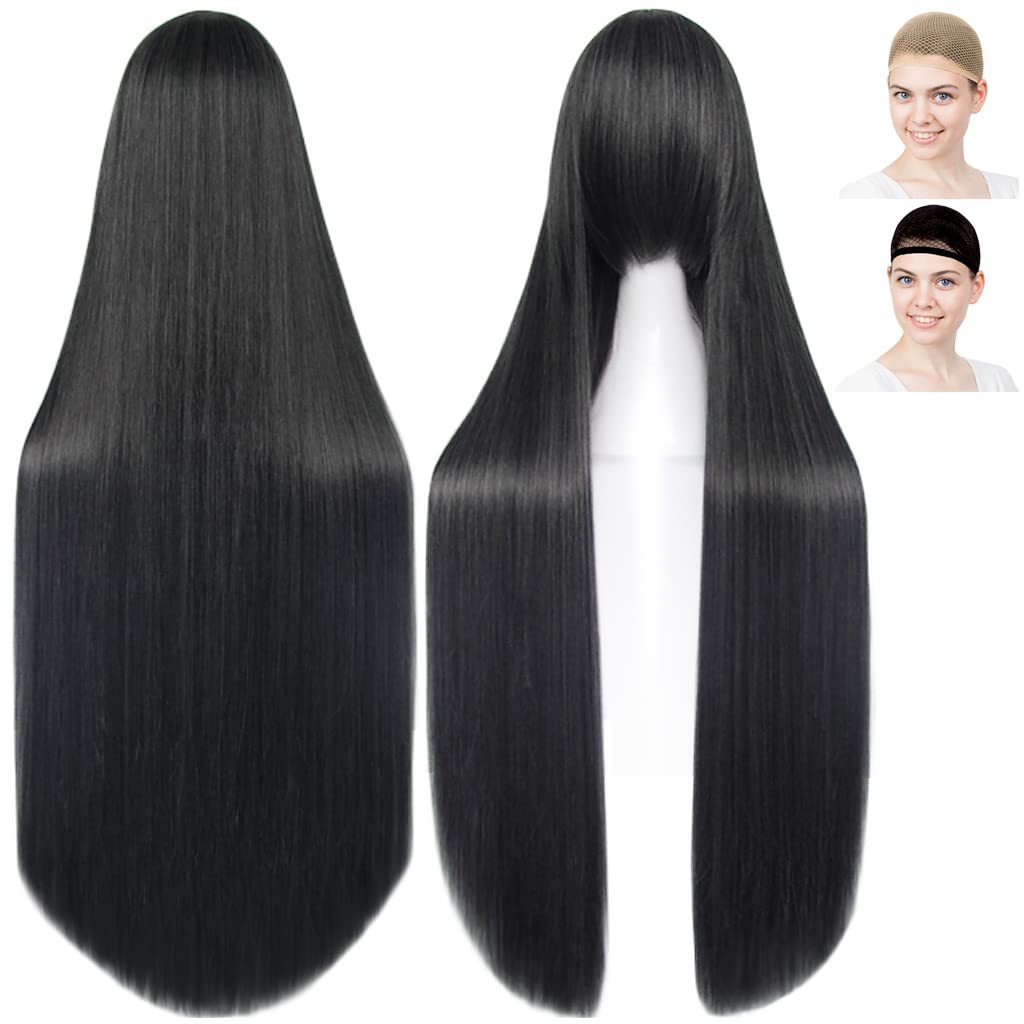 

CaseEden Косплей-парик, Длинный, Прямой, 100см, Черный, Смесь черного и серого, Включает 2 сетки для парика