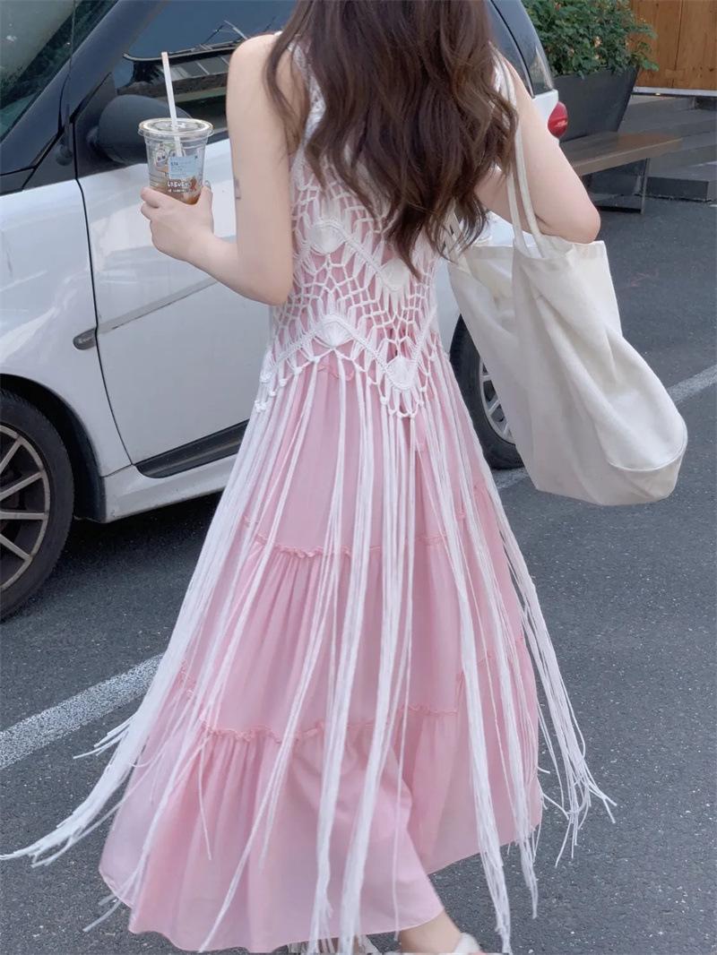 

Платье на тонких бретельках розового цвета для миниатюрных женщин и накидка с кисточками - Летний пляжный комплект XL