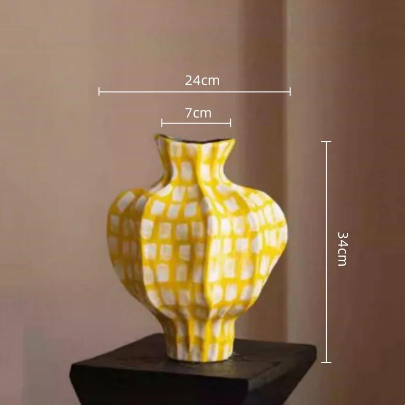 Creative Ceramic Vase Yellow Geometric Check Pattern Ceramic Handicrafts Flower Arrangement Accessories Flowerpot Home Decoratio