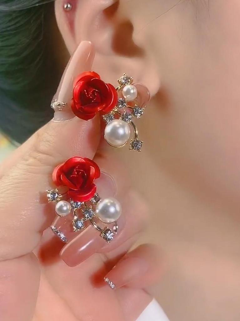 2024 Trendy Red Rose Pearl Stud Earrings: Niche Light Luxury, Super Shiny Design