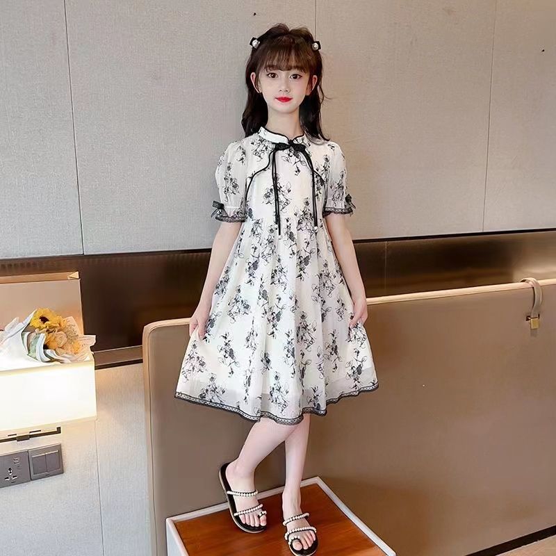 Girls Dress Summer Vintage Qipao Dress Ink Painted Children's Princess Dress Summer Flower Girl Dresses