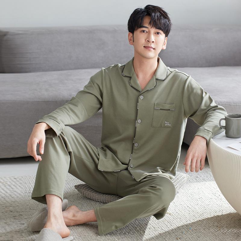 Pajamas Men'S Pure Cotton Spring And Autumn Long-Sleeved Cotton Autumn And Winter Thin Can Be Worn Outside Casual Loungewear Men'S Suit