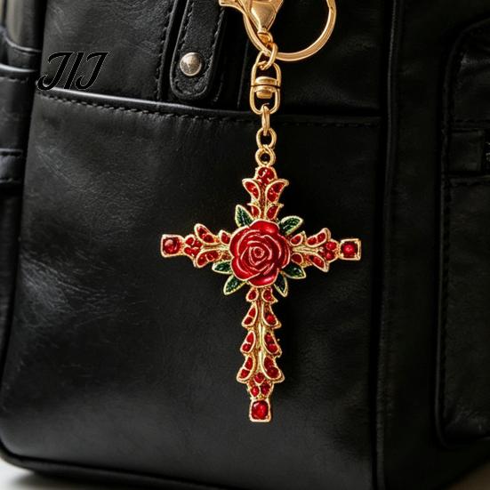 Zinc Alloy Keychain Retro Rhinestone Rose Keychain, Golden Plated Key Ring for Purse Charm Men Women, Pendant Handbags Backpacks Decoration