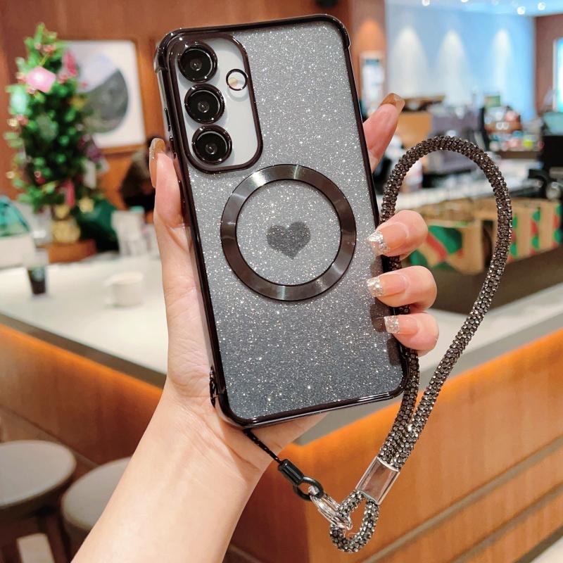 

For Samsung Galaxy S25+ Case Compatible with MagSafe TPU Phone Cover with Strap Heart Gradient Sparkle Black